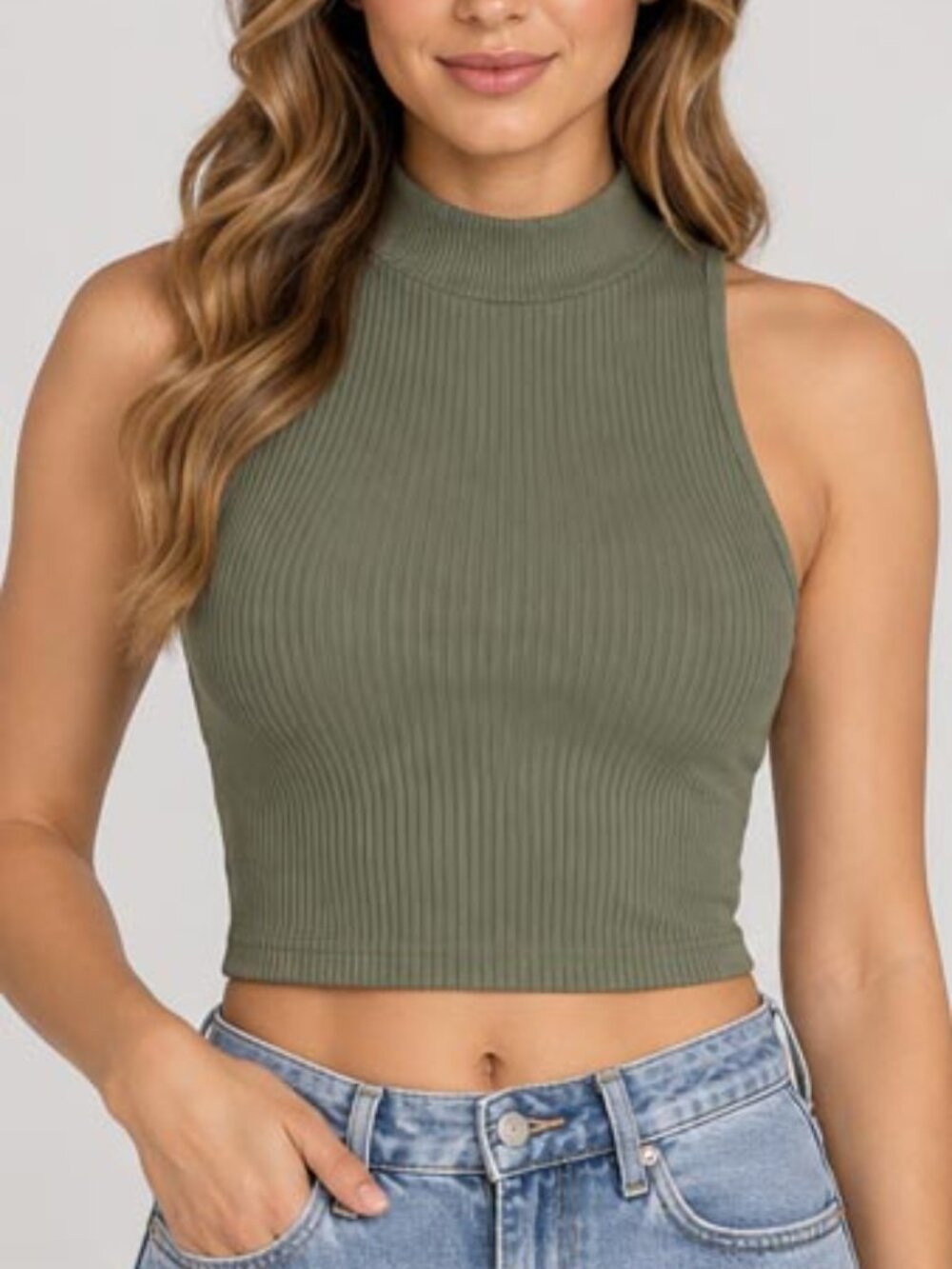 Women’s Olive Ribbed Cropped Mock Neck Tank Top | Size S/M
